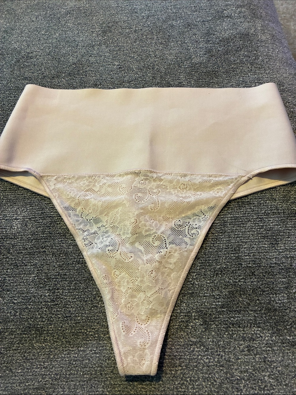Women’s Lace High-Waist Thong Panty in Light Beige large
